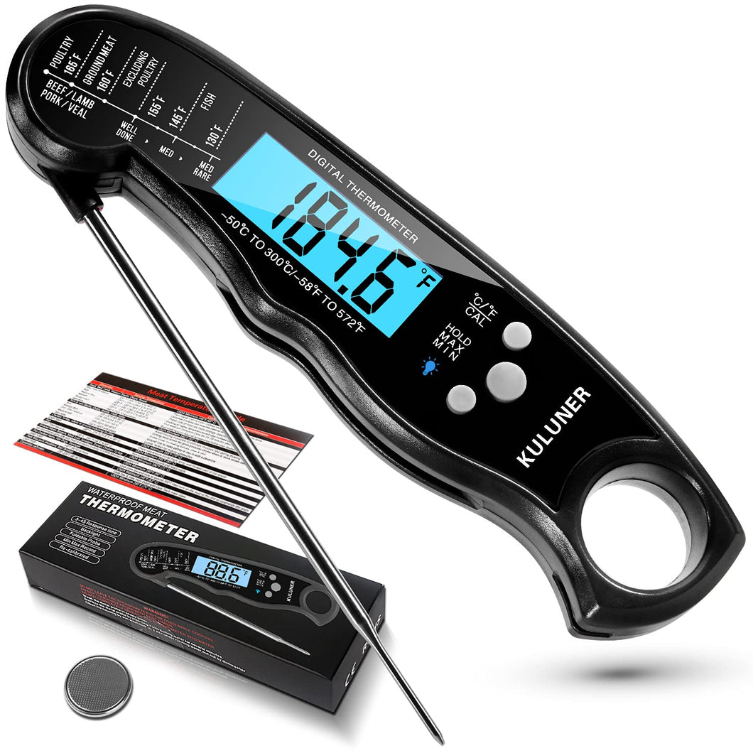 Explore the KULUNER TP-01: Waterproof Digital Instant Read Meat Thermometer with Folding Probe, Backlight, and Calibration Function. Perfect for Cooking, BBQ, Candy, Liquids, and More. Available in Black, Red, and Orange.